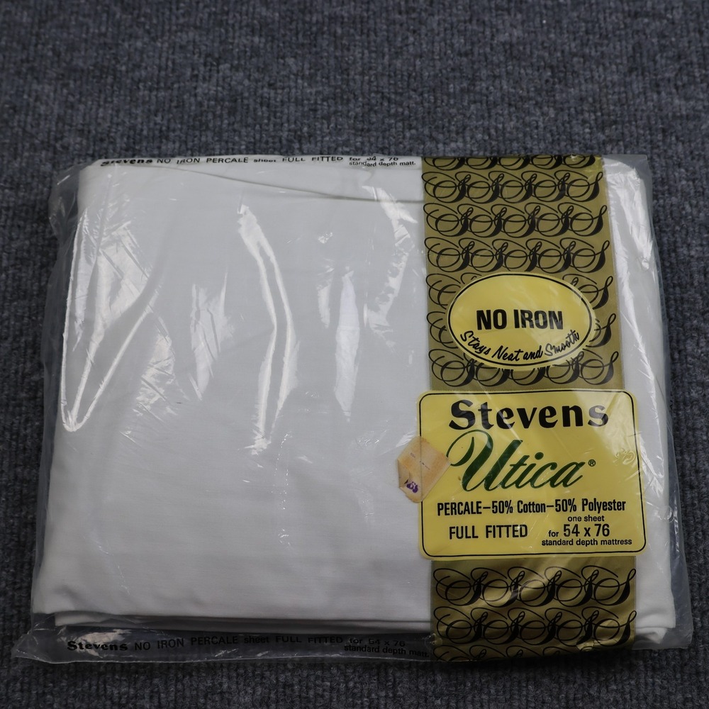 Vintage Stevens Utica Full Fitted Sheet 54x76 No‎ Iron Percale White USA Cotton